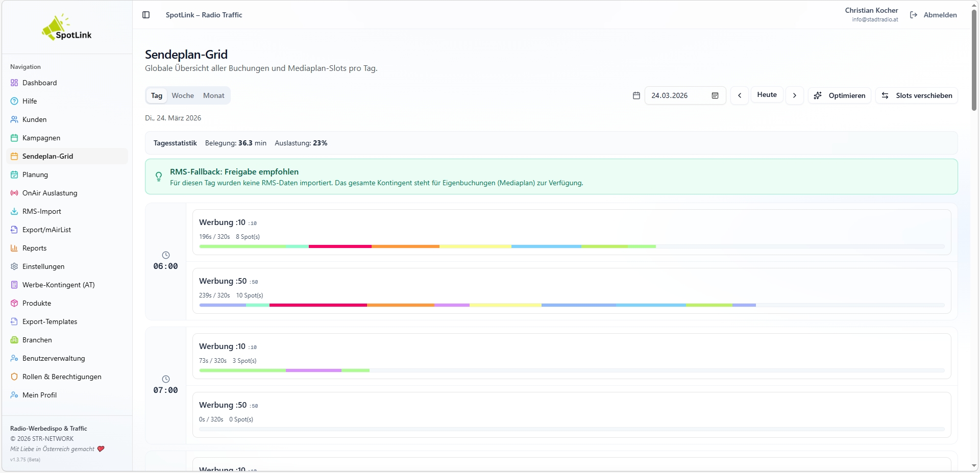 Spot-Verwaltung – Audio, Dauer und Kundenzuordnung
