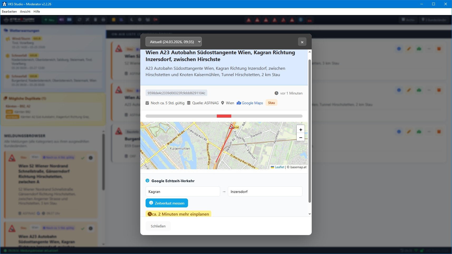 Kartenansicht mit Meldungspositionen und Verkehrskameras